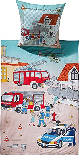 Erwin Müller Kinder-Bettwäsche, Bettgarnitur Polizei und Feuerwehr Flanell bunt Größe 80x80 cm / 135x200 cm - temperaturausgleichend, wohlig warm, weich mit praktischem Reißverschluss
