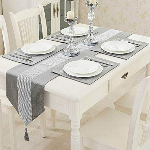 Time to Sparkle Set of 1 Velvet Table Runner + 4 Placemat Table Mats Thick Velvet Satin Tasseled Xmas (Velvet-silver, 4*Placemats + 1*Runner)