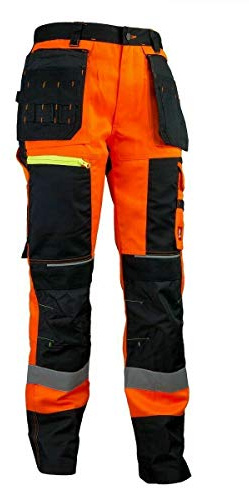 Urgent URG-714 Arbeitshose Herren reflektierend Hose Warnhose Schutz für Maler Monteur Gärtner Mechaniker Cargohose große Taschen Damen Schutzkleidung; schwarz mit orange;