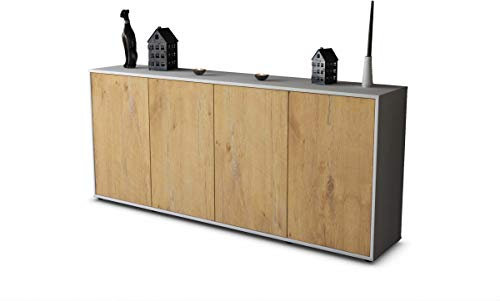Stil.Zeit Sideboard Amadeus, Korpus Weiss matt, Front Holz-Design Eiche (180x79x35cm) Push-to-Open Technik & Leichtlaufschienen