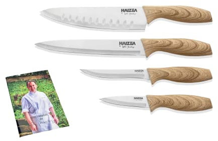 HAIZEA BY Martin Berasategui - Cuchillos acero/wood color Set 4 unidades Cuchillos Cocina profesional chef con libro de recetas, Recetario profesional, Mango de color madera