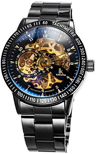 Alienwork IK Automatikuhr Armbanduhr Herren Damen Schwarz Edelstahl Metallarmband Skelett Glasboden