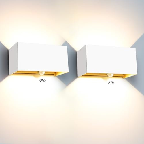 Kingwen 2 Stücke 20W LED Wandleuchten mit Bewegungsmelder Weiß Wandlampe Innen 3000K Aussenlampe mit Bewegungsmelder Warmweiss LED Wandleuchte Rechteckig Verstellbar Abstrahlwinkel Wandlampe IP65