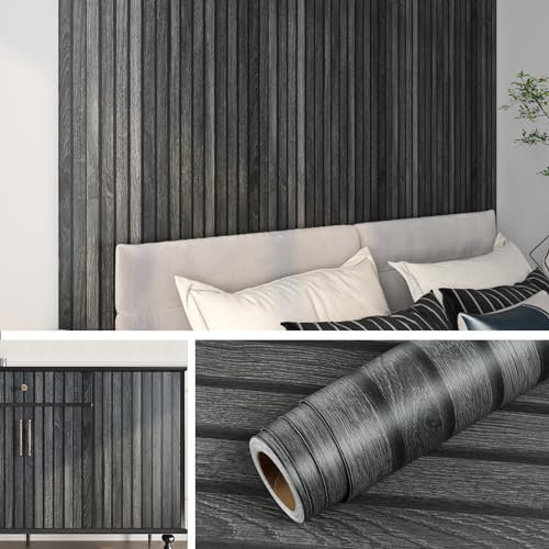 Livelynine Selbstklebende Tapete Holzoptik 3D 40CMx5M Wandtapete Selbstklebend Holz Paneele Wohnzimmer Esszimmer Klebefolie Holzoptik Dunkelgrau Möbel Wandpaneele Selbstklebend Lamellenwand Holzoptik