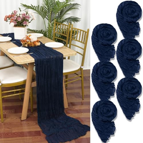 6 Stück Seihtuch Tischläufer Marine Blau,90 x 300 cm Dunkelblau Gaze Stoff Boho Tischläufer Käsetuch Cheesecloth Tischläufer Hochzeit Tischdecke für Hochzeitsfeier Brautparty Tischdekoration