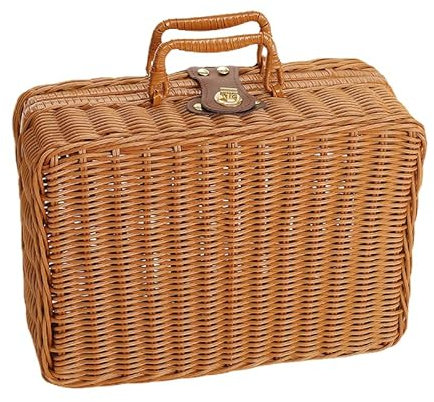 Weiden Picknickkorb, Retro Gewebte Picknickbox, Kunststoff Rattan Koffer Picknickkorb mit Griffen und Metallschloss für Outdoor Camping, Foto Requisite(L-Braun)