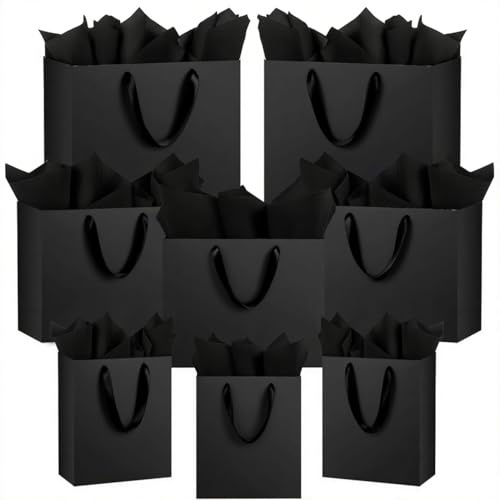OfficeCastle 12 Pack Black Gift Bags with Tissue Paper, 3 Sizes (Small 6, Medium 8.7, Large 12.6), Paper Bags with Handles for Small Businesses, Weddings, and Parties