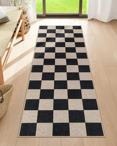 Lahome Tapis de couloir à carreaux en jute facile 61 x 183 cm, tapis de couloir antidérapant et lavable pour entrée, intérieur, extérieur, damier, noir, pour couloir, entrée, 1,8 m