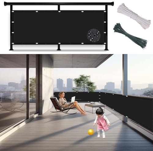 Balkon Sichtschutz mit Ösen 70 x 180 cm Blickdichte, Windschutz, 100% Privatsphäre, Wetterfest Sichtschutzzaun mit Nylon Kabelbinder Und Kordel, für Den Gartenzaun Oder Balkon, Schwarz