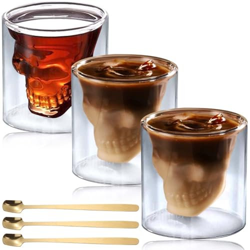3 Stück Totenkopf Gläser, 250ml Totenkopf Glasbecher Mit Rührlöffel, Totenkopf Glas Kristall, Totenkopf Gläser Doppelwandige Kaffeegläser, Skelett Becher Cocktailgläser für Kalte Heiße Getränke Cola