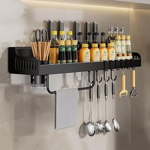 acfeco Gewürzregal Wand, Küchenregal Hängend Ohne Bohren, Gewürzregale Metall Wand mit 10 Haken, Gewürz Regal für Gewürze Flasche Messer Essstäbchen Löffel (1 Besteckkorb)