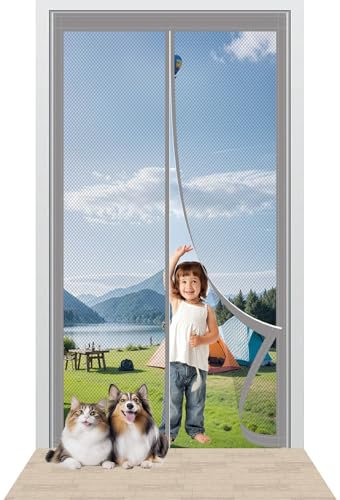 Moustiquaire Porte Magnetique 140 x 214 cm Maille Ultra Fine Porte Moustiquaire Aimantee Sans Perçage Installation Facile pour La Plupart Les Types de Fenêtres Ou Porte, Gris