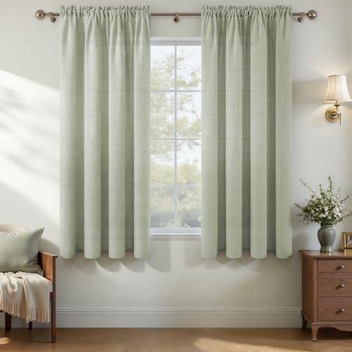 MRTREES Tenda in Lino Corta 140x160 cm 2 Pezzi con Passanti,Verde Salvia | Tende Semitrasparente Verde Salvia in Lino Naturale Morbida e Leggera Ideale per Cucina Camera da Letto Cameretta Soggiorno