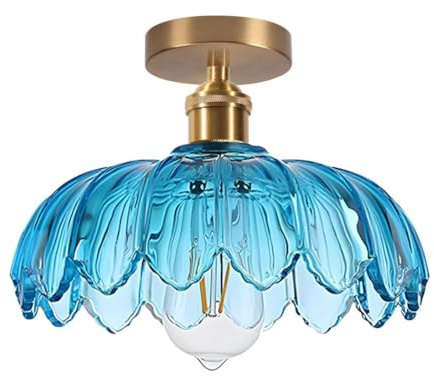 DLGLOLIN Lampe de Plafond Fleurs Créatif Bleu Vintage Plafonnier Luminaire en Abat-jour en Verre E27 Éclairage de Plafond Déco Plafonniers pour Cuisine Salle à Manger Chambre