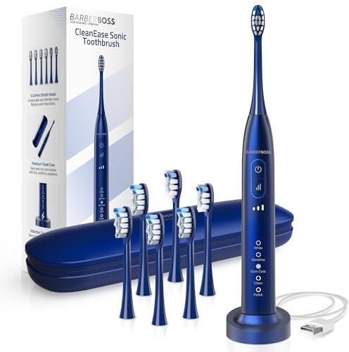 BarberBoss Sonic Toothbrush for Adults, Electric Toothbrush with 6 Brush Heads, 5 Brushing Modes × 3 Intensity Levels, Pressure Sensor, Travel Case & Long-Life Battery, QR-7306 (Navy)