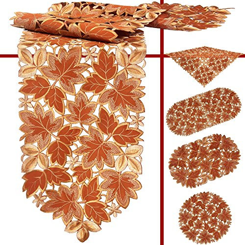Quinnyshop Herbst Laubblätter Stickerei Tischläufer 30 x 45 cm Oval Polyester, Terrakotta