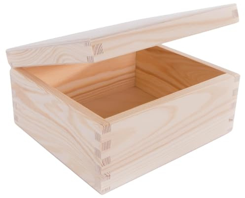 WooDeeDoo Small Rectangular Wooden Box with Hinged Lid – 18 x 16 x 9 cm – Plain Pine Craft Storage for Jewellery Tokens Hobbies Gifts Custom Painting Waxing Decorating DIY