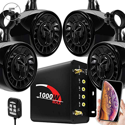 Aileap 4 Channel Motorbike Amplifier 5 Full Range Waterproof Bluetooth Stereo Speakers Audio Amp System with AUX USB SD FM Radio for 1.5 to 2 ATV UTV Can-Am Polaris Jeep