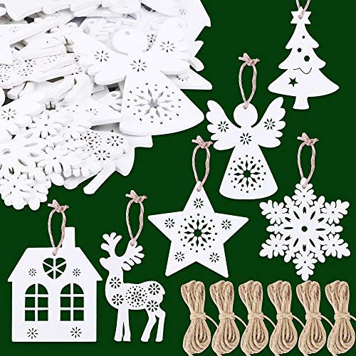 FLOFIA 48pz Addobbi per Albero di Natale in Legno Ciondolo da Appendere Pendenti Natalizi Decorazione Appesa per Casa Regalo Forma Stella Renna Angelo Albero di Natale in Legno Bianco