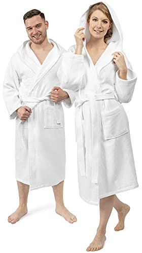 Weißer Bademantel von Luxe EraUnisex für Damen und Herren mit Kapuze.reine Baumwolle.Kombination aus Waffelpique und Frottee..4Jahreszeiten.weiß.Gr.M…