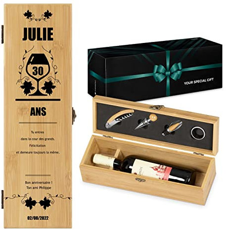 Maverton Coffret en Bois de Bambou pour une bouteille du vin avec un ensemble d'accessoires pour vin, Jeu d'Accessoires pour Vin pour chaque femme - avec personnalisation - 30 ans
