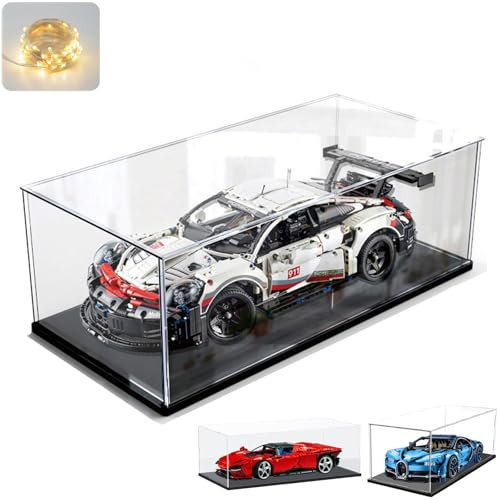 Vitrine Acrylique pour Lego 42172 McLaren P1 42143 42096 42156 42115 Voiture Collection, Épaissie Boite Transparente Plexiglas Vitrines avec Base Bois-Plastique & Lumière, Noir Intérieur 60x30x20cm