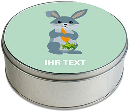 STEMPEL-FABRIK – personalisierbare runde Dose aus Metall mit Namen – Motiv Hase – Geschenkdose – Bedruckte Aufbewahrungsbox für Kekse, Geschenke und Ausflüge – Geschenkidee zu Ostern
