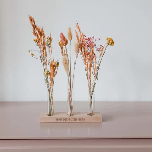 Flores secas con Soporte de Madera Personalizable - Jarrón Decorativo con 3 Vasos de Cristal y Flores secas Naturales (3 jarrones en Soporte de Madera)