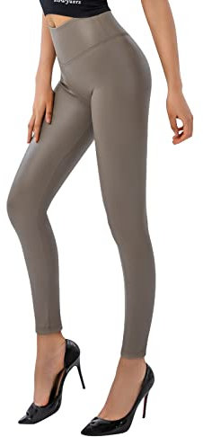 SOGNO D'ORO Damen Kunstleder Leggings High Waist PU Leder Leggings Hose Strumpfhosen Treggins Leggins Fleece Gefüttert,Khaki,XL