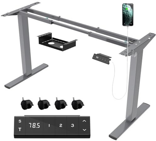 JUMMICO Höhenverstellbarer Schreibtisch Gestell mit USB-Buchse und Kabelwanne, Elektrisch Stufenlos Höhenverstellbar Ttischgestell mit Rollen,Steh Schreibtisch Stehpult(Grau)
