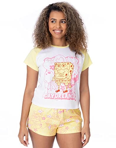 SPONGEBOB SQUAREPANTS Womens Pyjama Set | Multicoloured Raglan T-Shirt & Elasticated Shorts For Ladies | Sponge Bob Daydreamer Coral & Jellyfish | Nightwear Pyjama Merchandise for Adults