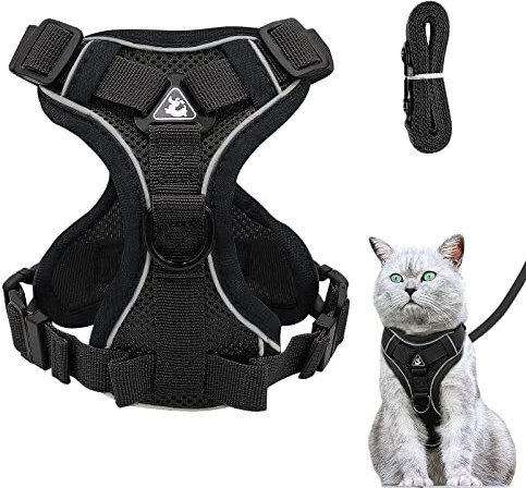 Cat Harness and Lead Set, Adjustable Kitten Harness and Lead Set with Reflective Strips Escape-Proof, Cat Vest Harness with Leash Sets for Cats Dogs Pets Walking (Black, M)