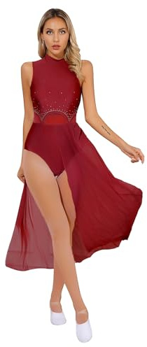 JEATHA Vestido de Danza Ballet para Mujer sin Manga Maillot con Falda Tul Leotardo Gimnasia Rítmica Vestido de Danza Lírica y Contemporánea XS-XXL Y Borgoña S