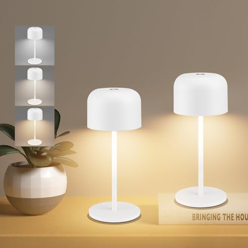 Klighten 2 Stück Led Dimmbare Kleine Tischlampe Kabellos 3000K-6000K, Tischleuchte Innen Außen Innen, IP54 Höhe 21cm Aufladbare Touch Switch USB-C, Warmweiß/Natürliches Licht/Kühles Licht, Weiß