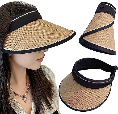 XIXKOLYU® Sombrero de sol para mujer con ala grande, gorra plegable con visera sombrero de paja, se puede guardar y llevar fácilmente para verano, protección solar, deporte y playa (caqui)