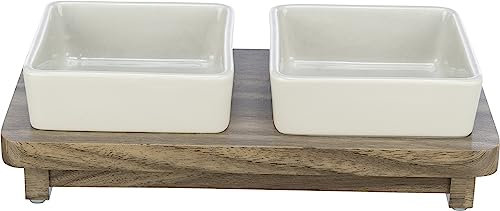 TRIXIE Set de gamelles pour Chien City Style 2 x 400 ML en céramique Blanche - gamelle Pratique pour Grands Chiens 12 x 12 cm sur Socle en Bois, Robuste et Lavable au Lave-Vaisselle - 24824