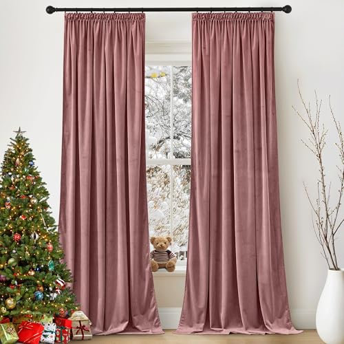 PONY DANCE Velvet Curtains for Living Room Verdunkelungsvorhänge Kräuselband 2er Set Samtvorhänge Altrosa Thermogardinen Kälteschutz Wohnzimmer Gardinen Samt, H 260 x B 132 cm (Gewicht: 300g/m²)