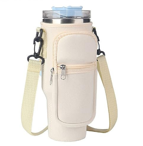 Porte-bouteille de 40 oz compatible avec Stanley Quencher H2.0 FlowState en acier inoxydable isolé sous vide Sac pour bouteille d'eau pour la marche – Bandoulière réglable (riz blanc)