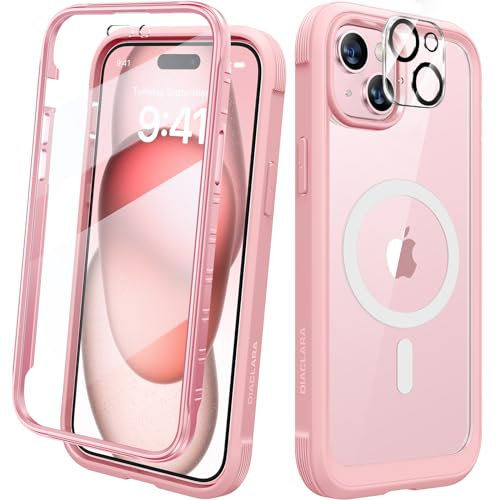 Diaclara Magnetic Designed for iPhone 15 Case, Compatible with MagSafe Built-in Touch Sensitive Anti-Scratch Screen Protector, with Camera Lens Protector for iPhone 15 6.1 - Coral Pink
