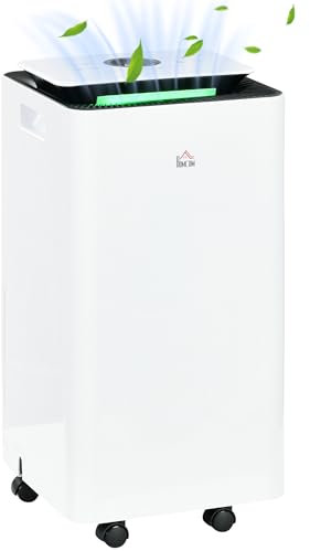 HOMCOM Deumidificatore Portatile da 12L/Giorno con 5 Modalità, 2 Velocità, Deumidificatore Silenzioso con Timer 24h e Ruote, Adatto Fino a 25 m³, 25x25x50.5 cm, Bianco