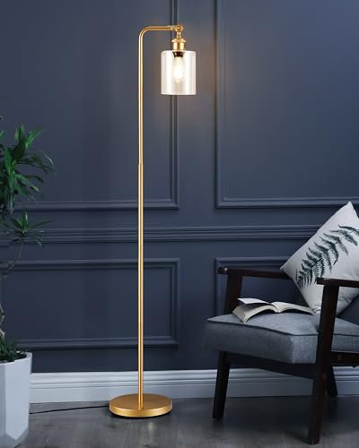 EDISHINE Lampadaire Sur Pied Salon Avec Abat-jour en Verre Claire, E27 Ampoule Incluse, 180° Tête Rotative, Contrôle au Pied, LED pour Chambre, Salon, Bureau, Doré