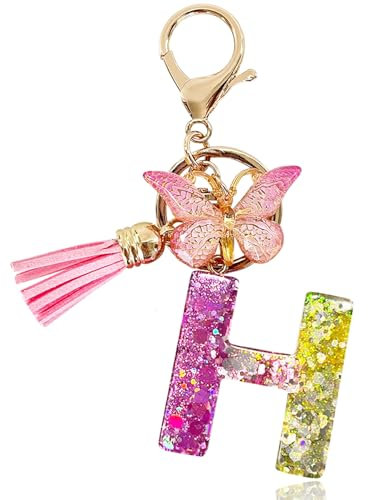 Yanmucy Porte-clés alphabet violet mignon avec pendentif papillon et pampille en résine pour sac à breloques nom porte-clés pour femme et fille, H, taille unique