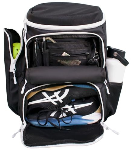 PBAW Pickleball Rucksacktasche – passend für 2–4 Paddel, belüftetes Schuhfach, 14 Taschen, Zaunhaken & Dual-XL-Flaschenhalter, leichte Handgepäcktasche für Damen und Herren, Schwarz/Weiß
