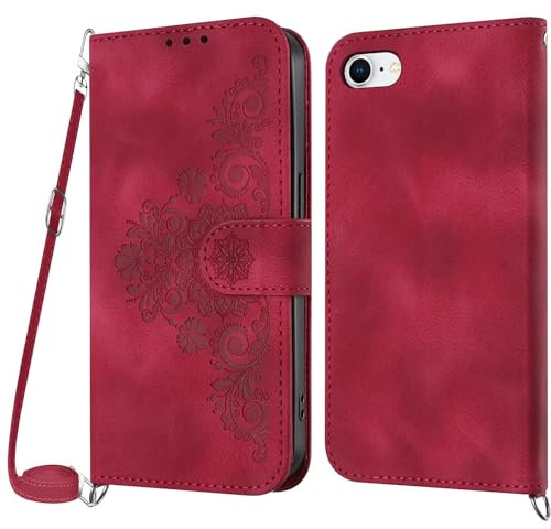 Netany Handykette Hülle für iPhone SE 2020 / iPhone SE 2022/iPhone 8 / iPhone 7, Handyhülle Hülle mit Kette Klappbar, PU Leder Klapphülle und Umhängeband Lanyard Flip Schutzhülle mit Band (Rot)