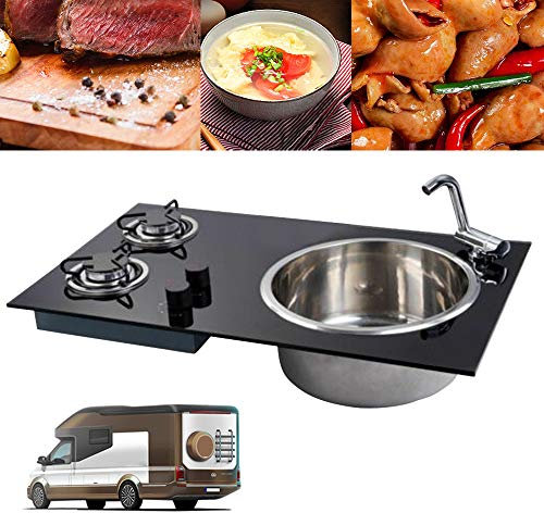 Generic Gasherd, 2 Brenner, Boot, Wohnmobil, Wohnwagen, LPG-Gasherd, Spüle, Herd, Kombi-Gasherd, Gaskochfeld, Gaskocher mit Spüle aus Edelstahl 304, Dual-Fuel-Versiegelung (29 Zoll)