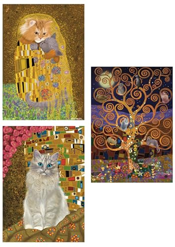 Grußkarten für Katzenliebhaber: Gustav Katz Mulitpack mit 3 x A5 Gustav Klimt Stil Katzenkarten mit Goldfolie