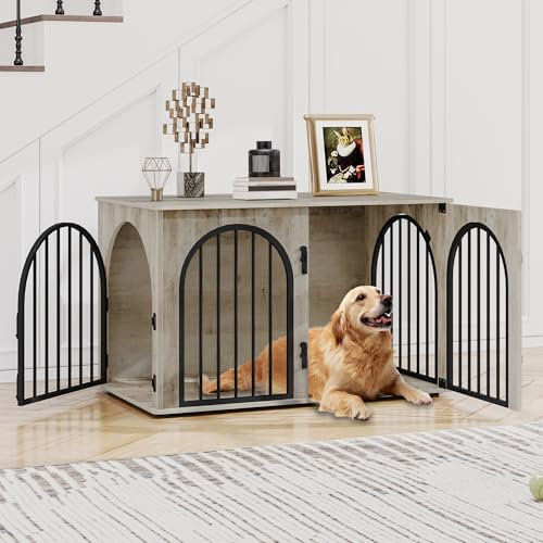 Hzuaneri Hundekäfig Möbel, 100cm Hundebox für Zuhause, 3 Türen, Bogentür, Moderne Hundebox Indoor für Hunde, Beistelltisch, Hundekäfig Hochbelastbar, 60 x 100 x 63 cm, Hell Elfenbein DFC84105B