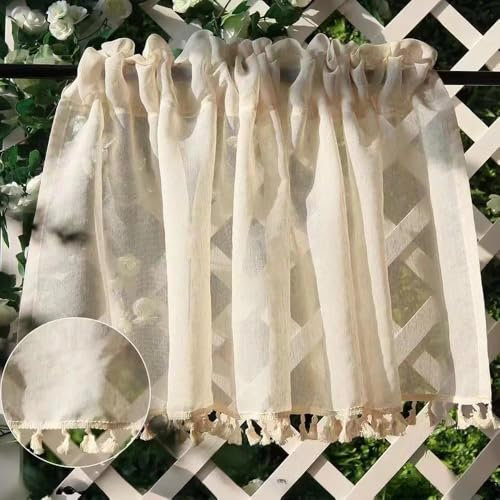 RunFar shop 2pcs(150×40cm) Boho Beige Scheibengardinen Vintage Halbtransparente Bistrogardine küche kurz Gardinen Boho Vorhänge Quasten Fensterschal Halb Transparent für Küche Wohnzimmer Landhaus