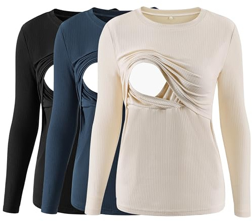 Liu & Qu Camicie Premaman da Donna a Costine a Maniche Lunghe a Doppio Strato, per Allattamento, Vestiti per Gravidanza, Confezione da 3, Nero+Blu Reale+Albicocca, M