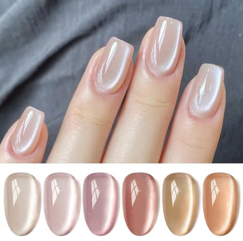 BORN PRETTY Magnetic Gel Nail Polish Set 6 Colors Shimmer Pearl Glitter with Magnet Jelly Pink Nude Colors Iridescent Cat Gel Eye Effect Gel Polish Manicure Nail Art DIY at Home